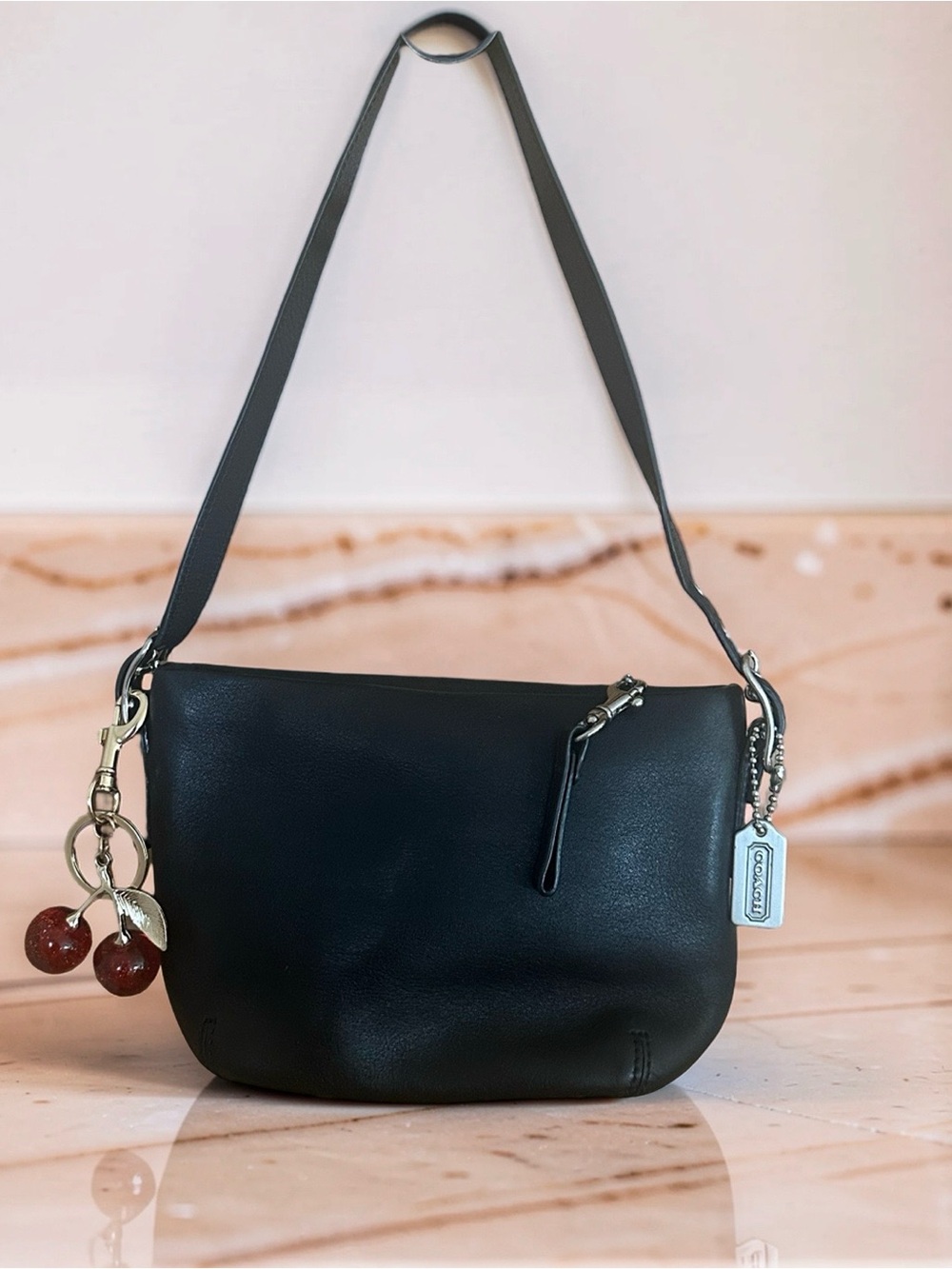 Y2K Coach Legacy Mini Black Gloved Leather Shoulder Bag with Cherry Charm